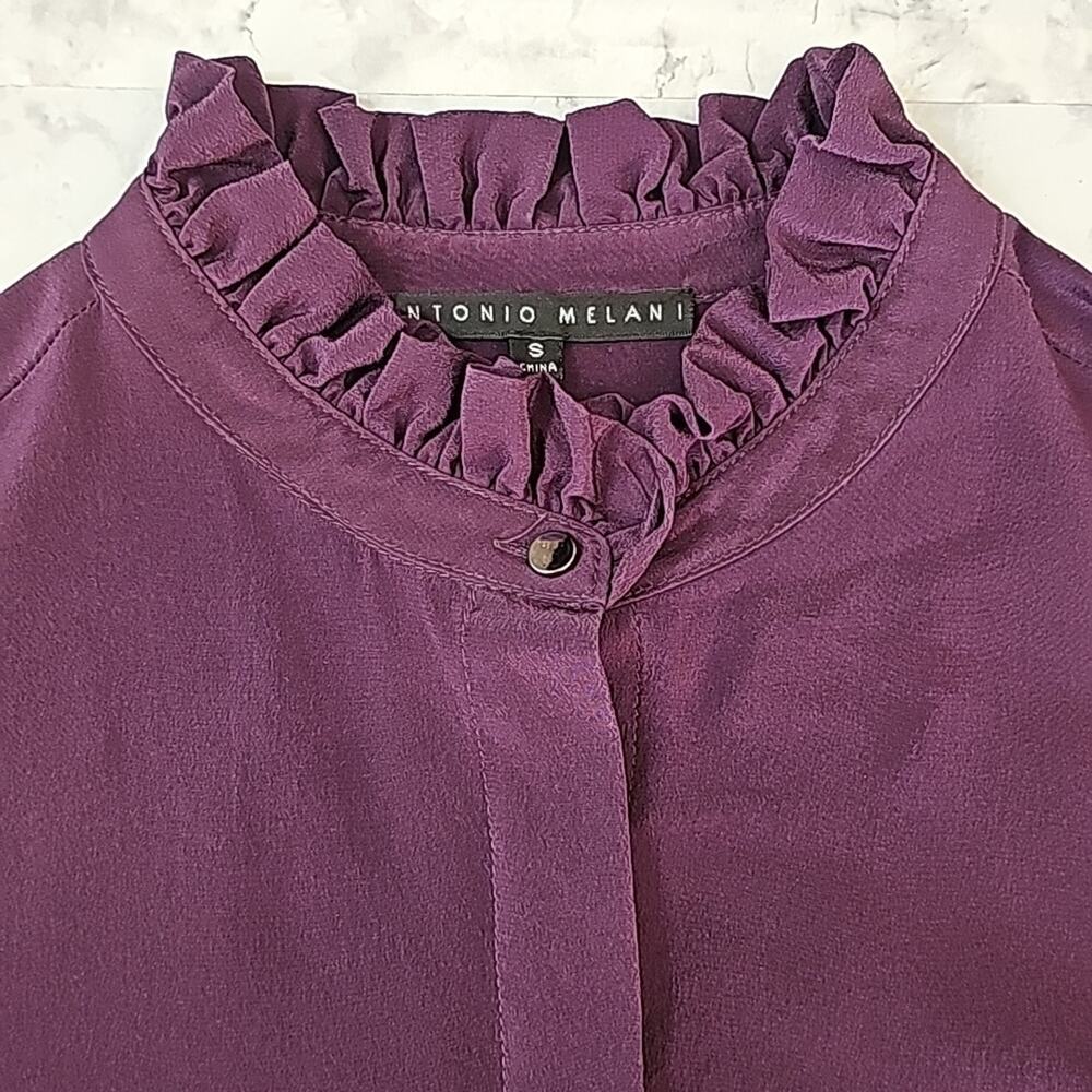 Antonio Melani Womens Sz S Purple 100% Silk Modest Feminine Fairy Ruffle Blouse